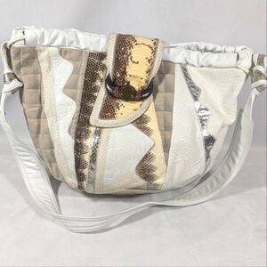 Vintage Sharif Shoulder Bag White Leather with Reptile Trim Accents & Buckle